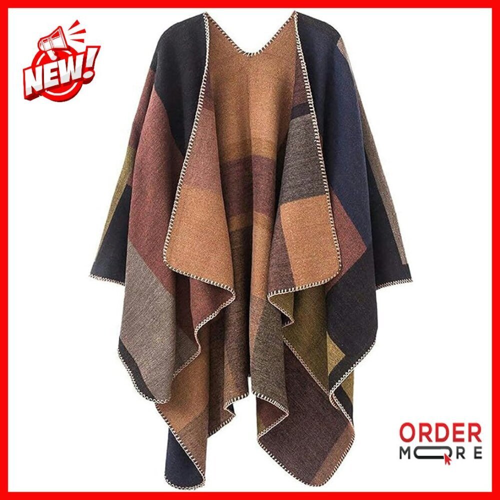 Oversized Reversible Poncho Cape Shawl Wrap One Size Soft Polyester Acrylic